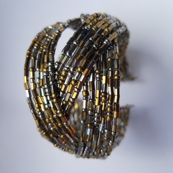 handmade Jewelry - Gold and Silver beaded wire cuff bracelet